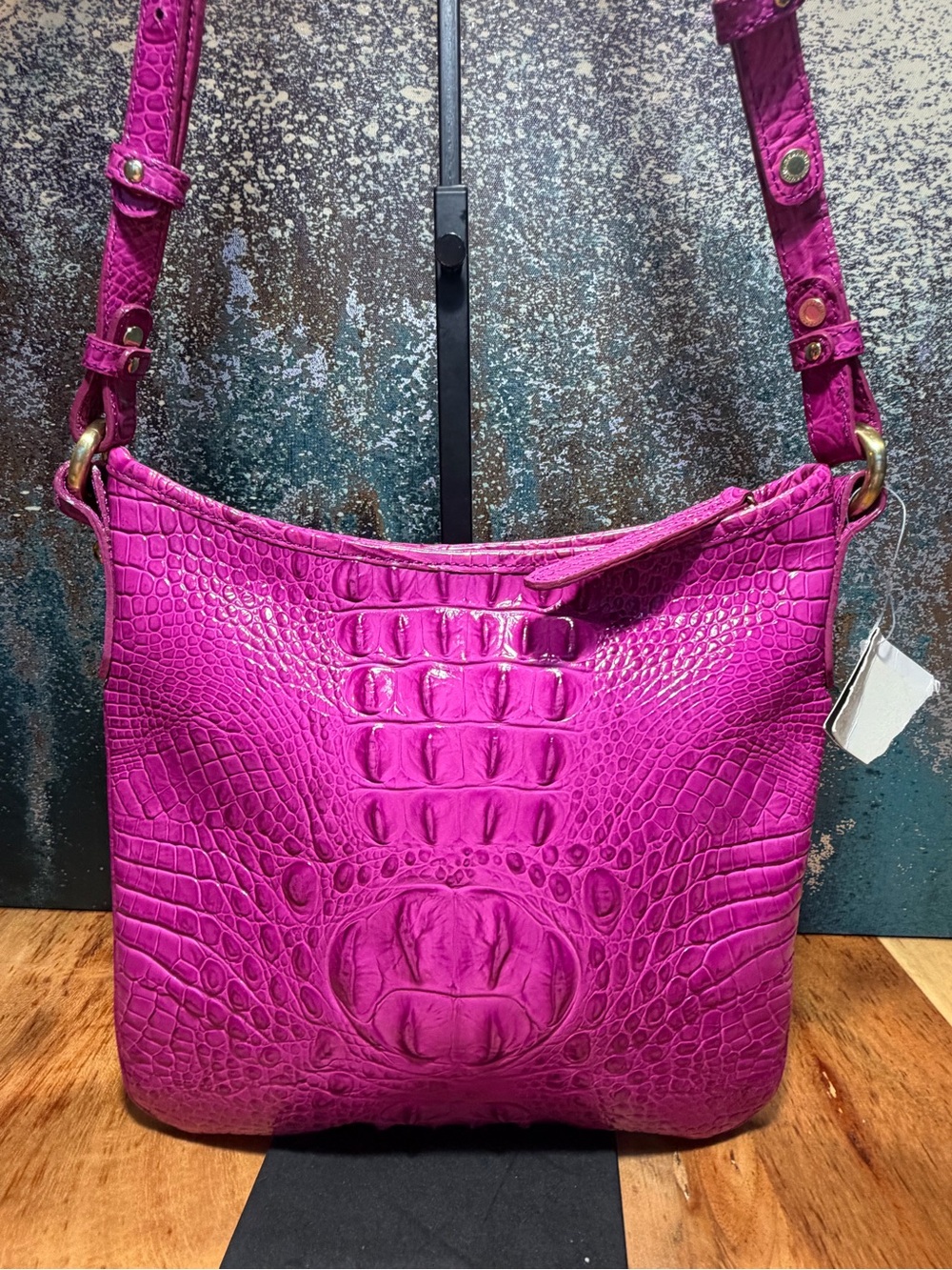 Brahmin Barbiecore Jody Hot Pink Melbourne Croc Leather Crossbody Bag - Picture 4 of 16